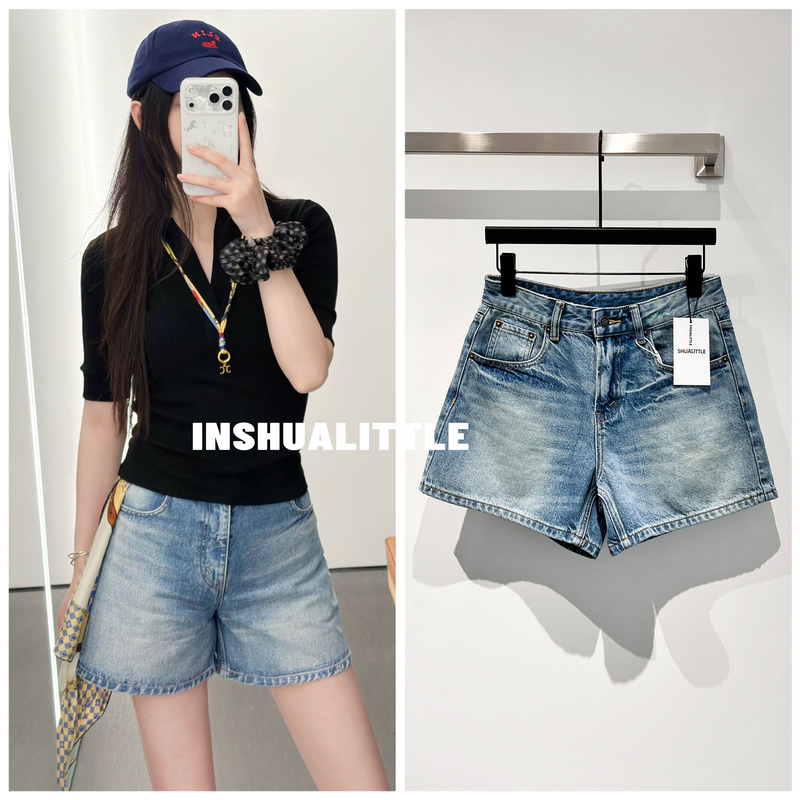 Inshu7.7/Blue White! 26S Washed Denim Shorts for Women Inshu7.7/Blue White! 26S Washed Denim Shorts for Women