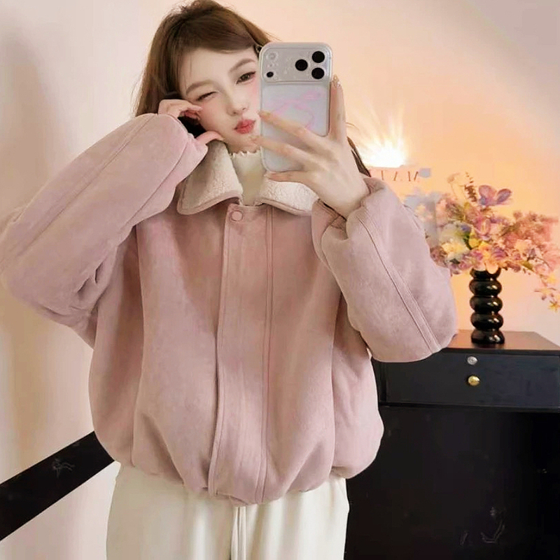 Gentle Pink Fur Integrated Long-Sleeved Coat for Women 2025 Autumn and Winter New Style Lapel Loose Fleece-Lined Thickened Jacket