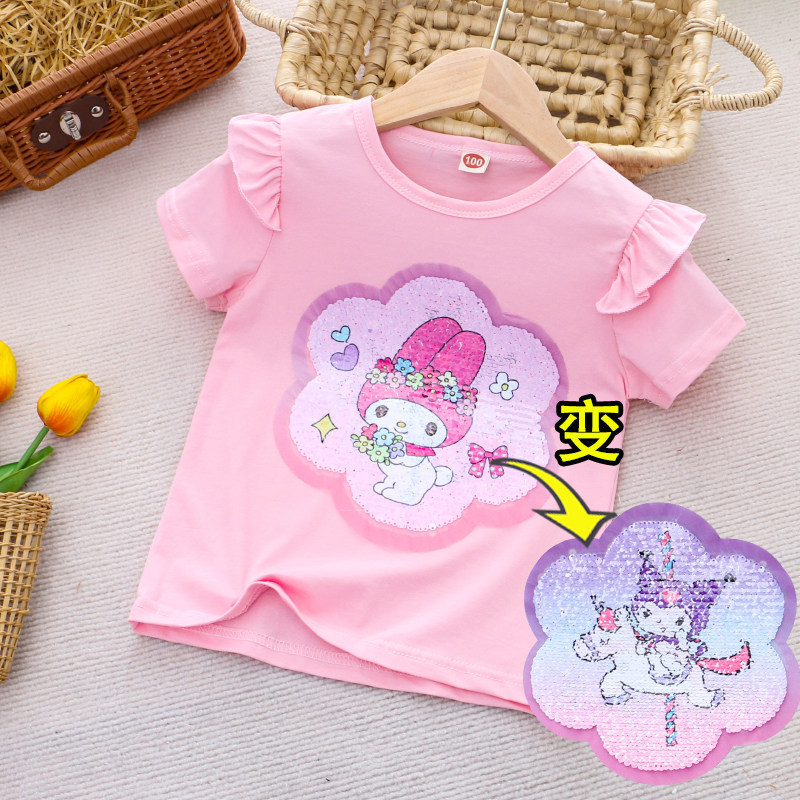 Girls' Sequin Color-Changing Flutter Sleeve Short-Sleeve T-Shirt, New Summer Style Children's Clothing with Changeable Patterns, Thin Children's Wear