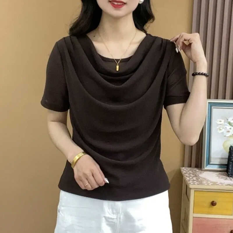 Fashionable Mesh Ruffled Collar Short-Sleeve Top for Women, New Spring Style, H-Style Mother's Clothing, Elegant, Slimming, Stylish, Solid Color Blouse