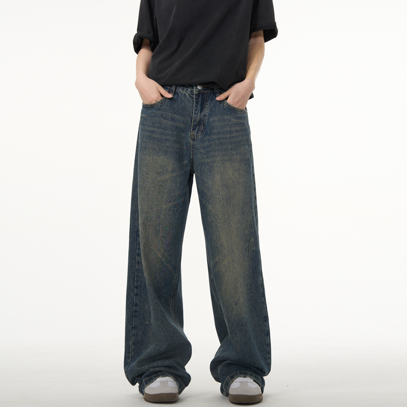 Yeboun American Retro Straight-Leg Jeans for Men, Vintage Washed and Distressed Loose-Fitting Long Pants for Women, Dark-Colored Trousers