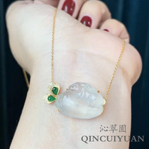Myanmar natural jadeite A goods glass seed wooden white rabbit clavicle chain lady pendant