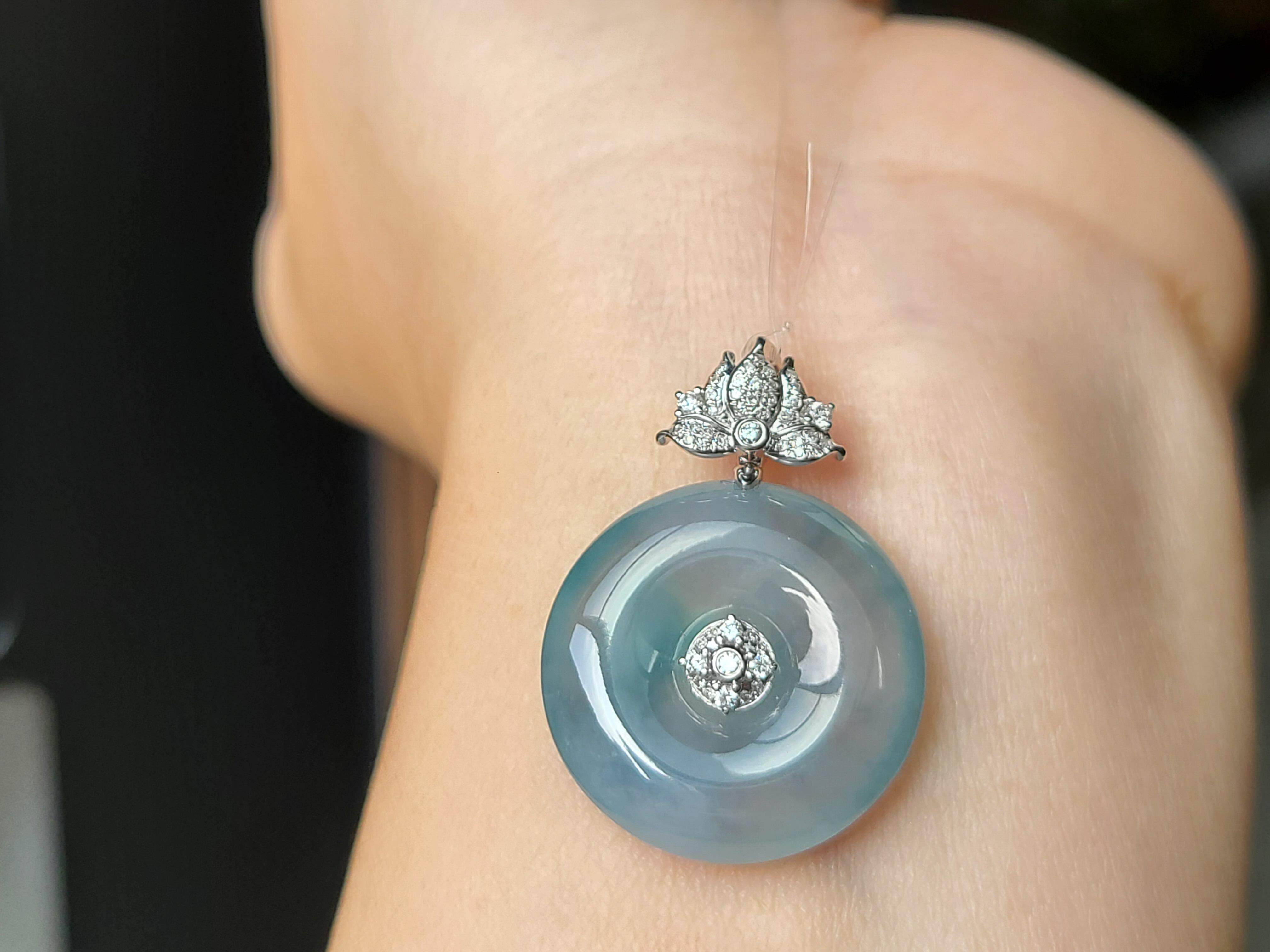 Myanmar Natural Jade A Goods High Ice Blue Float Flower Ping An Buckle Pendant Women's Button Pendant 18K Gold