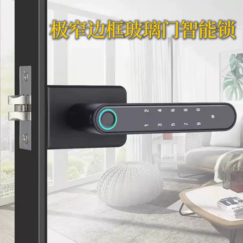 Extremely Narrow Glass Door Fingerprint Lock, No Need to Change Holes, Frameless Office Partition Door Password Lock, Handle Lock, Single and Double Door