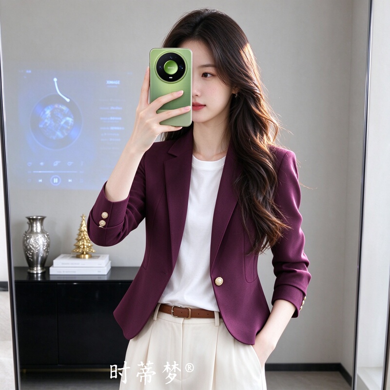 Spring and Autumn New Style Purple Blazer for Women, Short Waist-Cinching Long-Sleeve Jacket for Petite Figures, Suitable for Work and Commuting, Versatile and Elegant