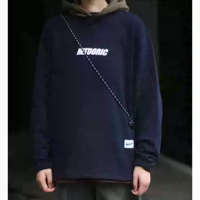 Nobodyknows autumn and winter Japanese simple round neck hooded color pattern fashion men and women plus velvet sweater