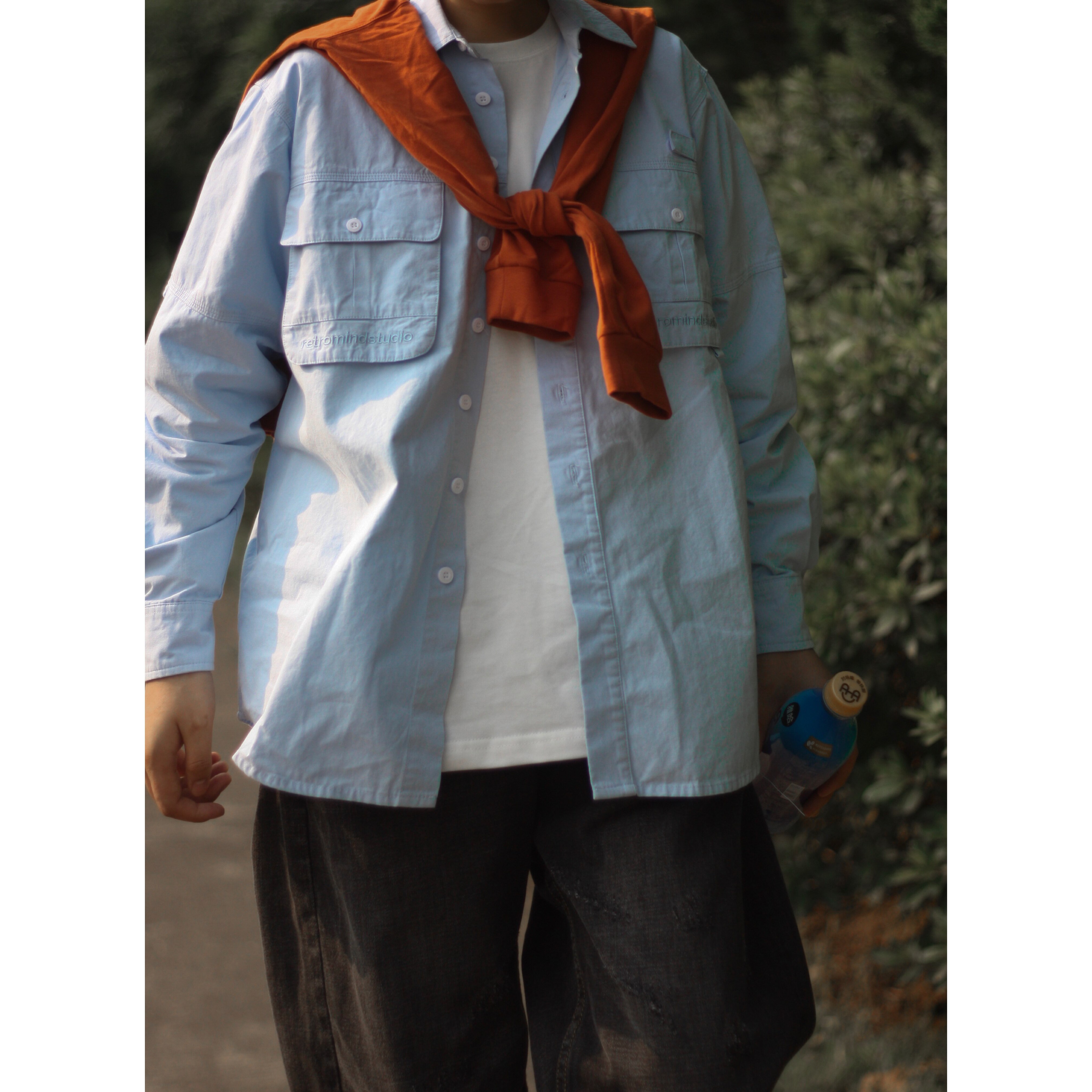 Nobodyknows solid color simple loose light blue two bags of letter embroidered Velcro men's and women's long-sleeved shirts