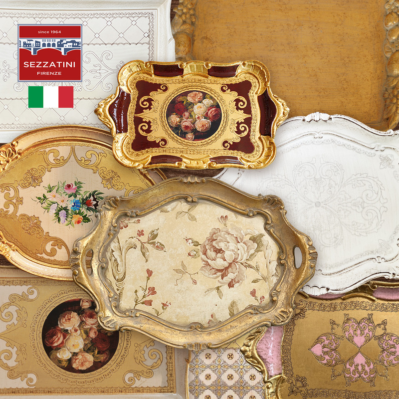 Sezzatini Italian Florence Hand-Carved Wooden Tray Tea Tray Gold Foil Vintage Square Medium Size