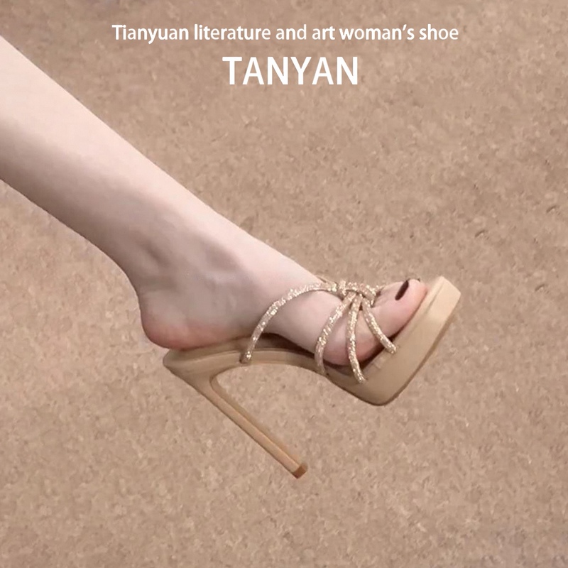 Nude Sandals for Women 2026 New Summer Style High-End Rhinestone One-Strap Sandals with Thin Heels and Waterproof Platform High Heels