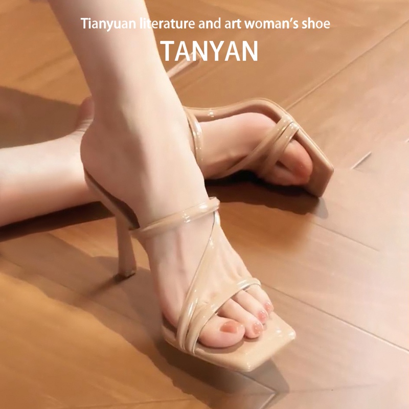 Nude Sandals for Women 2026 New Summer Outdoor Wear High-End Slippers Square Toe Elegant One-Strap Stiletto High Heels