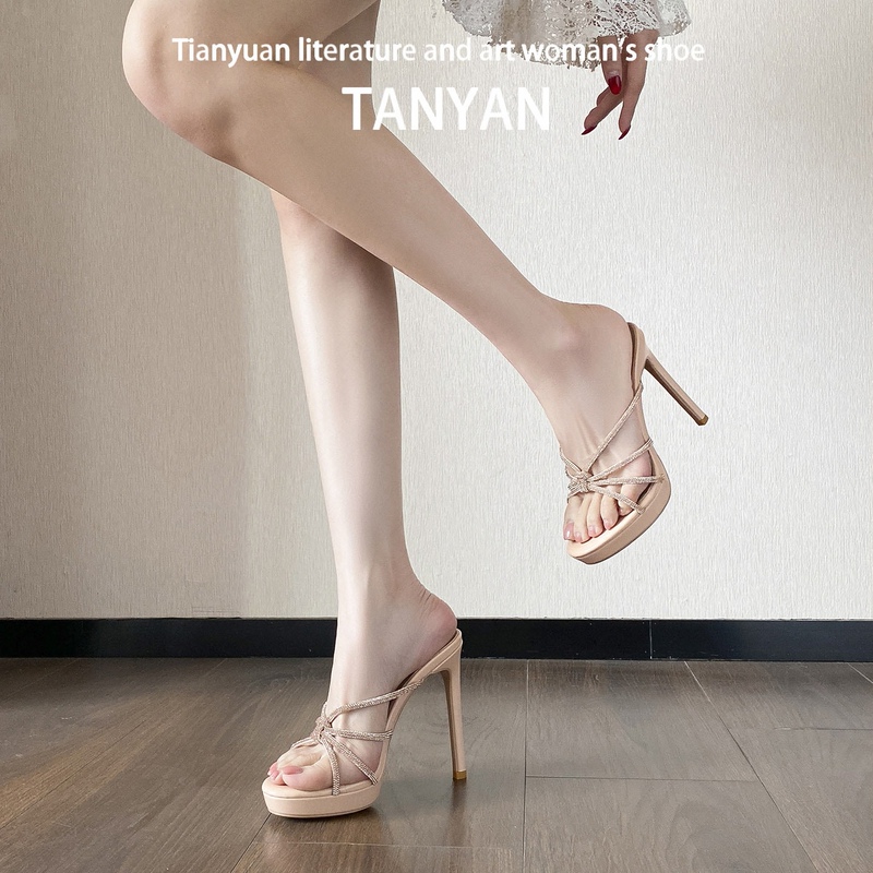 Nude Color Sandals for Women 2026 New Summer Fashion High-End Rhinestone Open-Toe Sandals Thin Heel Waterproof Platform High Heels