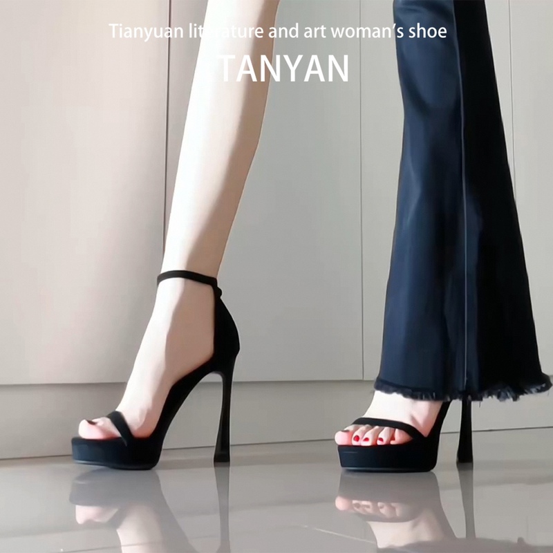 Black Waterproof Platform High Heels for Women 2026 New Summer Style, Beautiful One-Strap Design, Comfortable for Feet, Stiletto Open-Toe Sandals