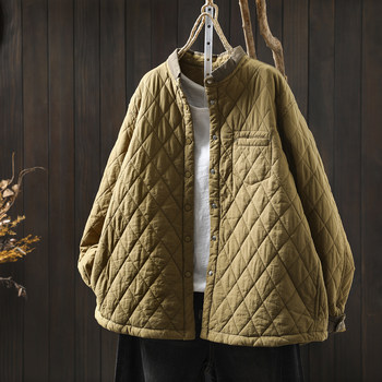 Women's cotton-padded jacket 2025 new winter small stand-up collar retro literary casual diamond plaid loose thin cotton jacket Women's cotton-padded jacket 2025 new winter small stand-up collar retro literary casual diamond plaid loose thin cotton jacket