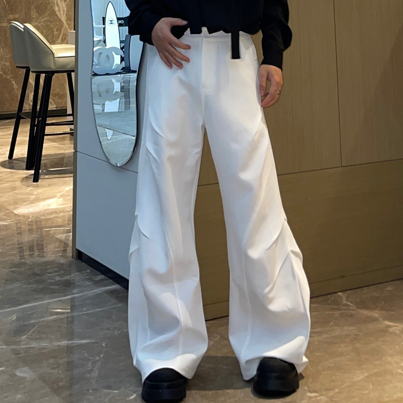 Big Wisdom White Dress Pants for Men, Unique Design with Pleats, Solid Color, Loose Fit, Scimitar Hem, Floor-Length Wide-Leg Trousers, Trendy
