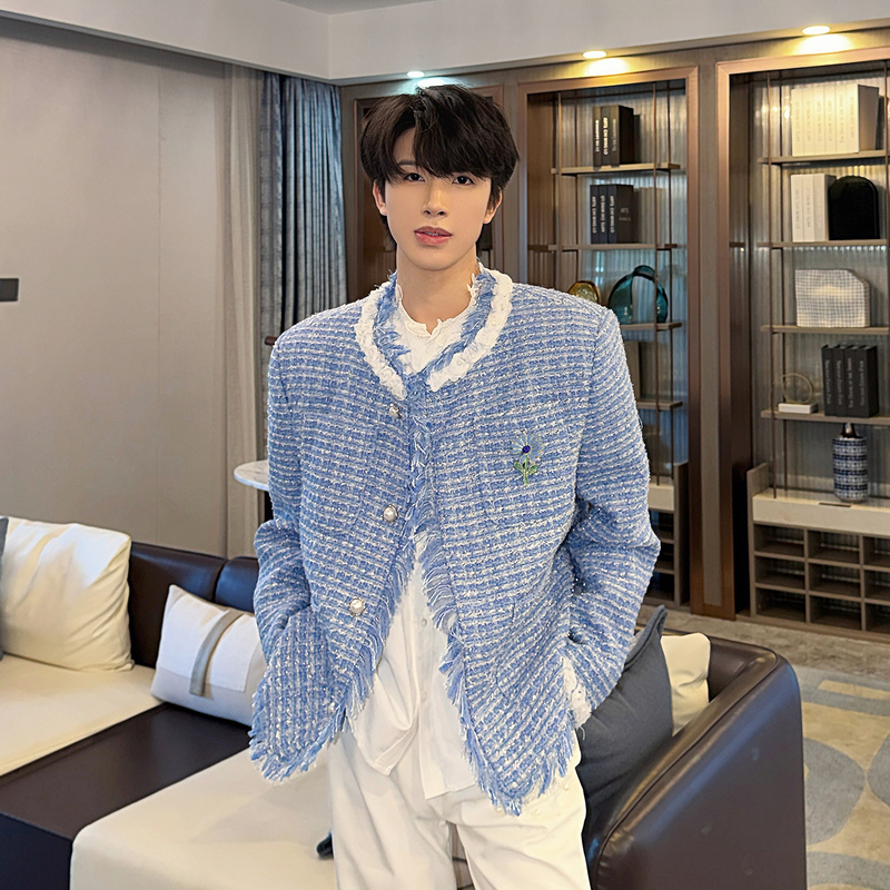 Big Wisdom Blue Tweed Jacket with Tassels and Raw Edges for Men, Light Luxury Tweed with Pearl Buttons, High-End Feel