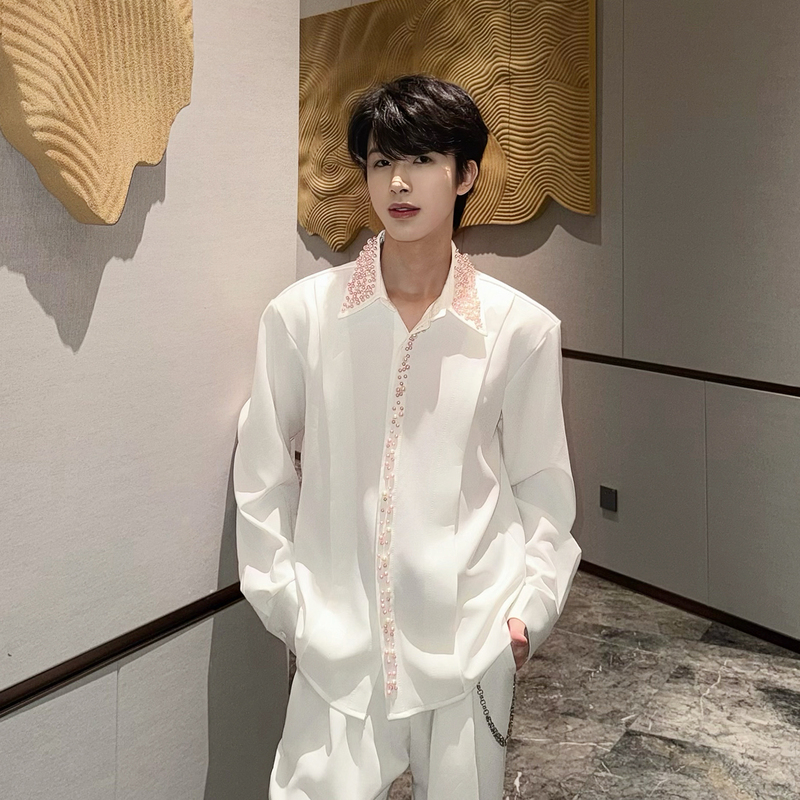 Big Wisdom White Luxury Long-Sleeve Shirt for Men with Heavy Pink Beaded Collar Design and Pearl Placket Big Wisdom White Luxury Long-Sleeve Shirt for Men with Heavy Pink Beaded Collar Design and Pearl Placket