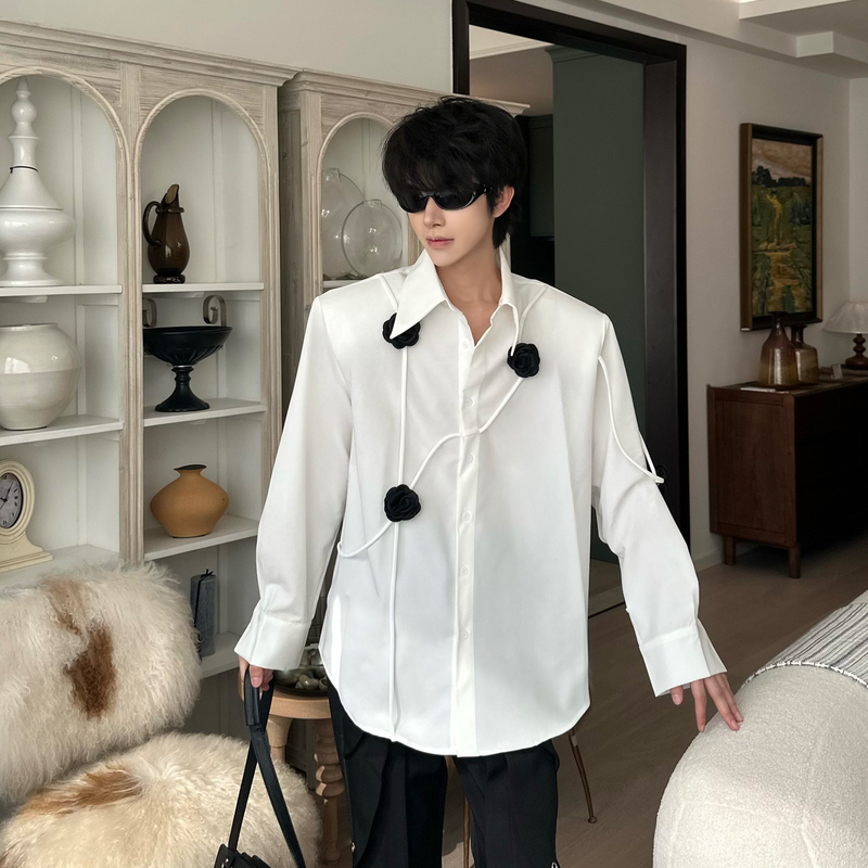 Big Wisdom White Long-Sleeved Shirt for Men, New Style with Three-Dimensional Rose Design, High-End Korean Style, Cool and Stylish Shoulder-Padded Shirt