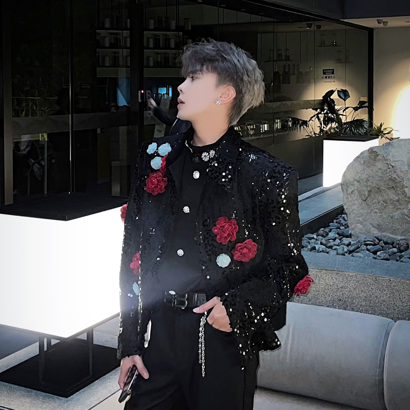 Big Wisdom Black Short Jacket for Men, Heavy Sequins, Three-Dimensional Flowers, Niche Design, Stage Performance Clothing