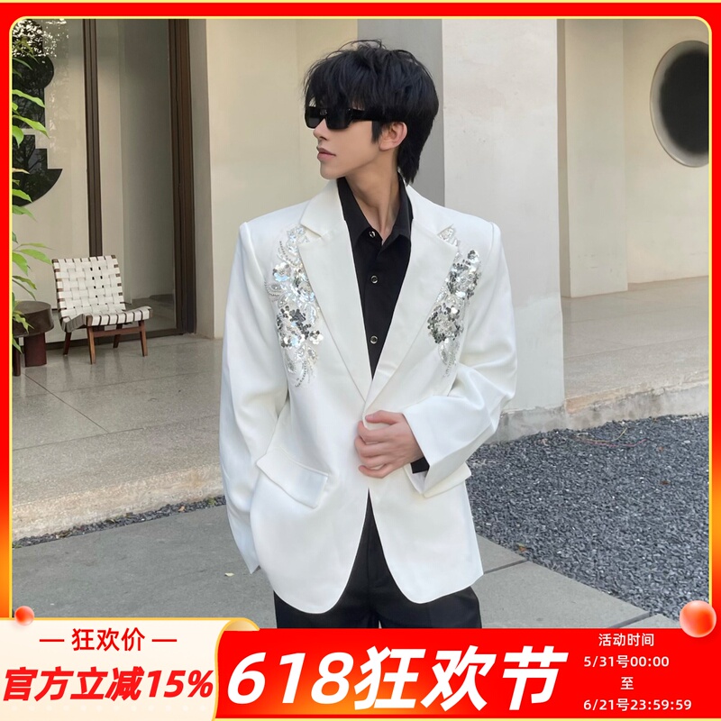 Big Wisdom White Blazer for Men, Niche Sequin 3D Embroidery, High-End Luxury, Light Luxury, High-End Custom Suit, Trendy