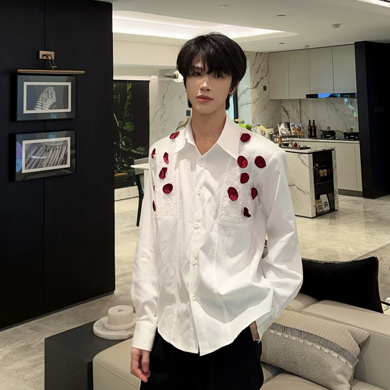 Big Wisdom White Long-Sleeved Shirt for Men with Three-Dimensional Rose Petals, Niche Design, Internet Celebrity Style Shirt