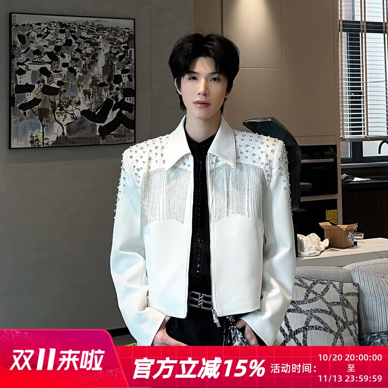 Big Wisdom White Short Lapel Jacket for Men, Niche Heavy-Duty Rhinestone Tassel Design, Stage Style Jacket Big Wisdom White Short Lapel Jacket for Men, Niche Heavy-Duty Rhinestone Tassel Design, Stage Style Jacket