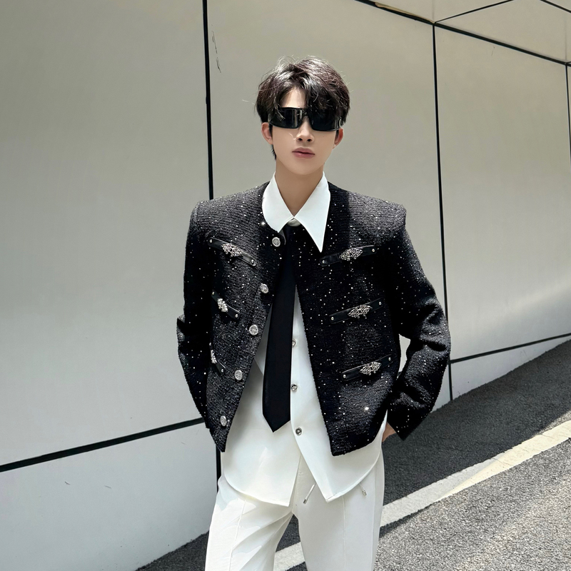 Big Wisdom Black Short Tweed Jacket for Men with Sequin and Leather Patchwork and Metallic Design