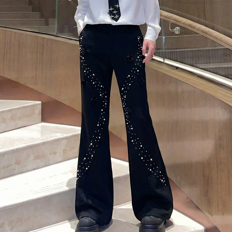Big Wisdom Black Flared Trousers for Men, Niche Heavy-Duty Beading with Three-Dimensional Floral Design, Trendy Wide-Leg Pants