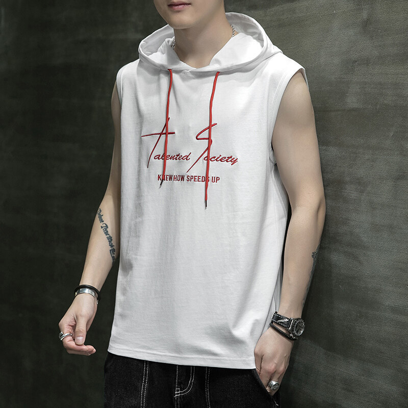 Sleeveless T-Shirt for Men, Slim Fit, Sports and Fitness Clothing, Hooded Vest, Pure Cotton, Hooded Vest, Hooded Sweatshirt, Sleeveless Sweatshirt