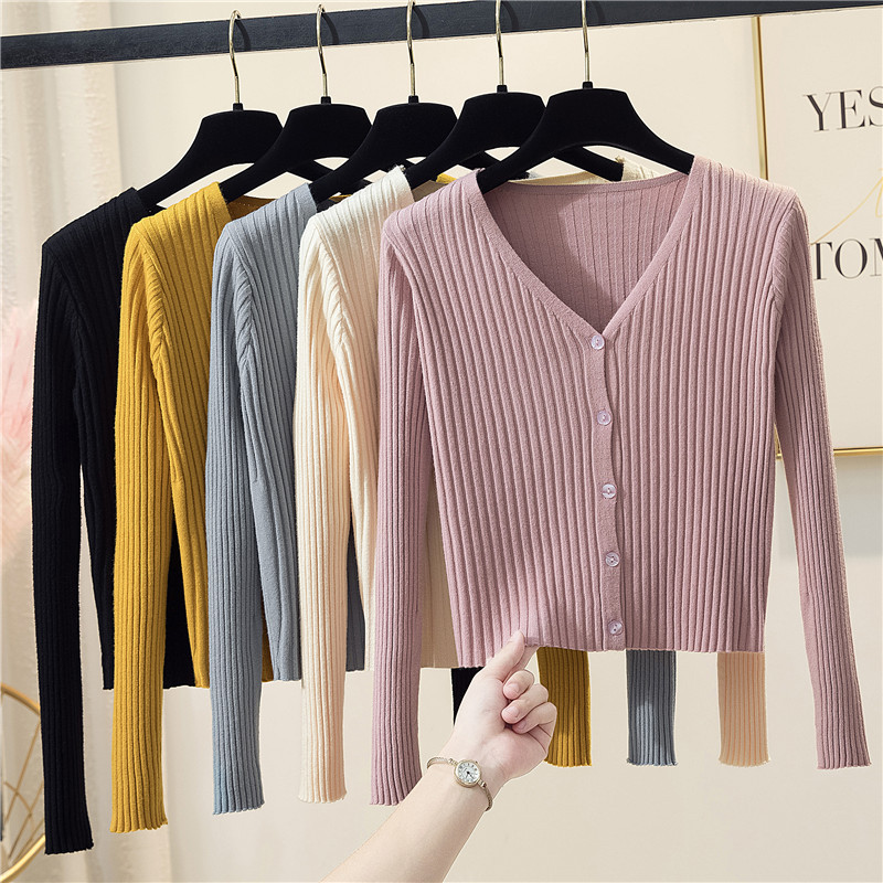 Autumn and Winter V-Neck Short Long-Sleeved Knitwear Women's Cardigan Thin Top with Shawl High-Waisted Sweater Small Jacket Autumn and Winter V-Neck Short Long-Sleeved Knitwear Women's Cardigan Thin Top with Shawl High-Waisted Sweater Small Jacket