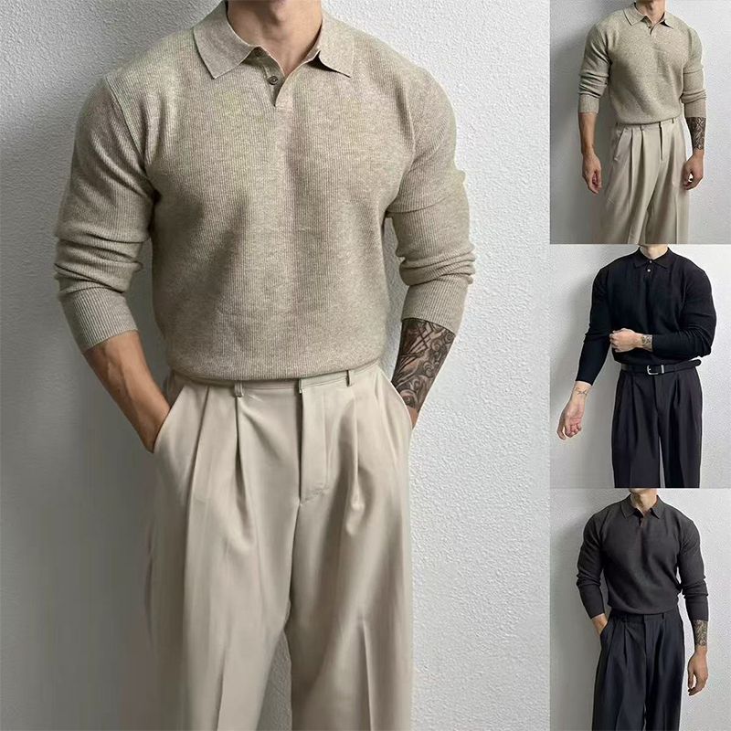Clearance Bargain~ Export Overstock Turn-Down Collar Knitted Polo Shirt Men's Autumn Long Sleeve Base Shirt Sweater Trendy Clearance Bargain~ Export Overstock Turn-Down Collar Knitted Polo Shirt Men's Autumn Long Sleeve Base Shirt Sweater Trendy