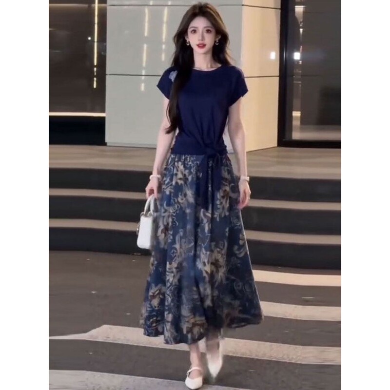 Fashionable Suit Skirt for Women 2026 Summer New Style Short-Sleeved Lace-Up Top Blue and White Porcelain Skirt Two-Piece Skirt Set Fashionable Suit Skirt for Women 2026 Summer New Style Short-Sleeved Lace-Up Top Blue and White Porcelain Skirt Two-Piece Skirt Set