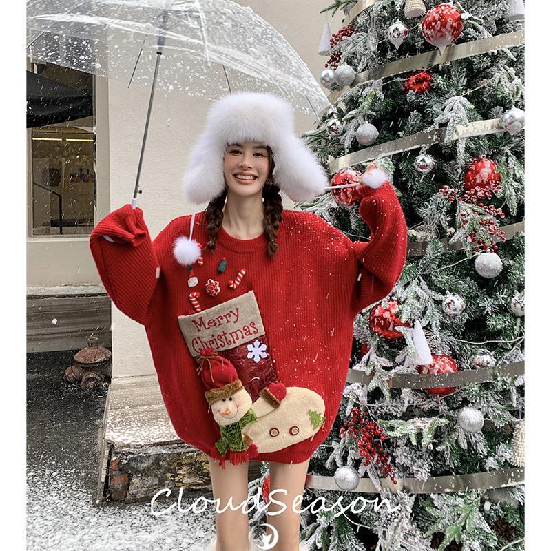 Christmas Snowman Red Sweater for Women, Festive Atmosphere, Cartoon Style, Plus Size, High-End Feel, Zodiac Year Knitted Top