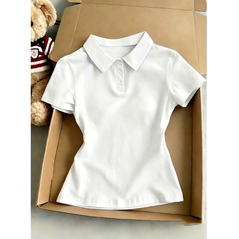 Korean Style Solid Color Polo Shirt Button-Down Short-Sleeve T-Shirt for Women, New Summer Design, Slim Fit, Slimming, Jk Uniform Shirt Korean Style Solid Color Polo Shirt Button-Down Short-Sleeve T-Shirt for Women, New Summer Design, Slim Fit, Slimming, Jk Uniform Shirt