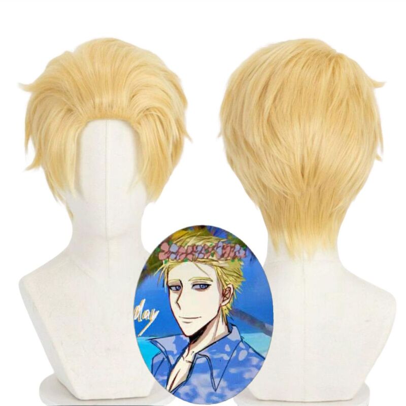 Manny Burger Brian Cosplay Wig, Short Blonde Hair, Slicked-Back Style, Two-Dimensional Synthetic Hair, Rose Net