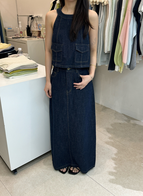 Mos2026 New Summer Design Niche Sleeveless Top + High-Waisted Denim Skirt Two-Piece Set for Women Mos2026 New Summer Design Niche Sleeveless Top + High-Waisted Denim Skirt Two-Piece Set for Women
