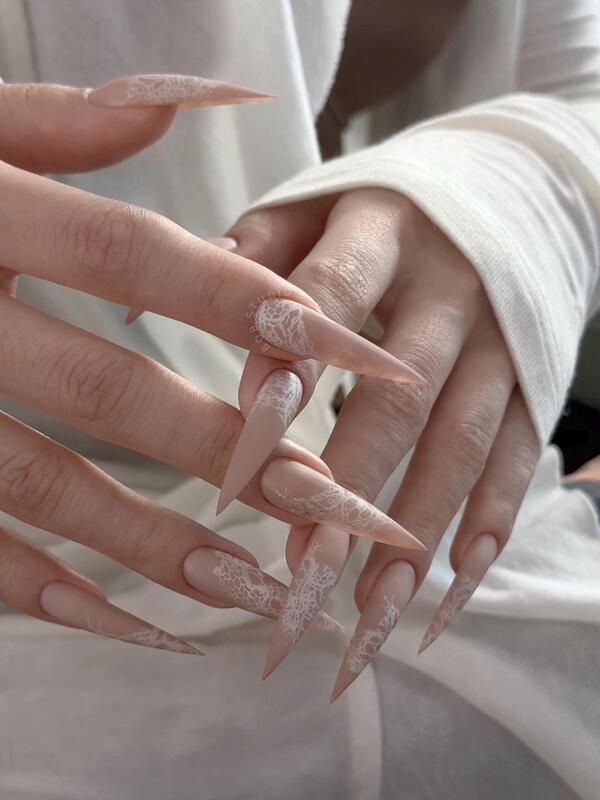 Miusi Nail/ Si Jialan - New Pure and Alluring Matte Nude Lace High-End Elegant Long Pointed Manicure Miusi Nail/ Si Jialan - New Pure and Alluring Matte Nude Lace High-End Elegant Long Pointed Manicure