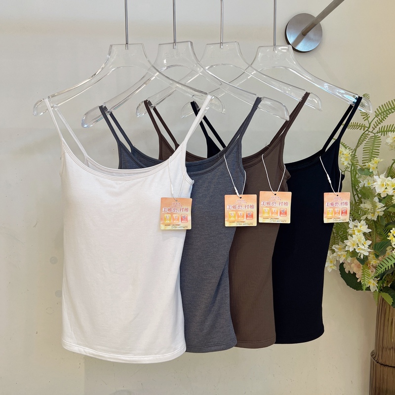 Myl24218 Meiyabi with Breast Pads, Spaghetti Straps, Long Basic Bottoming, Breast-Revealing Camisole, Inner Intimates for Women