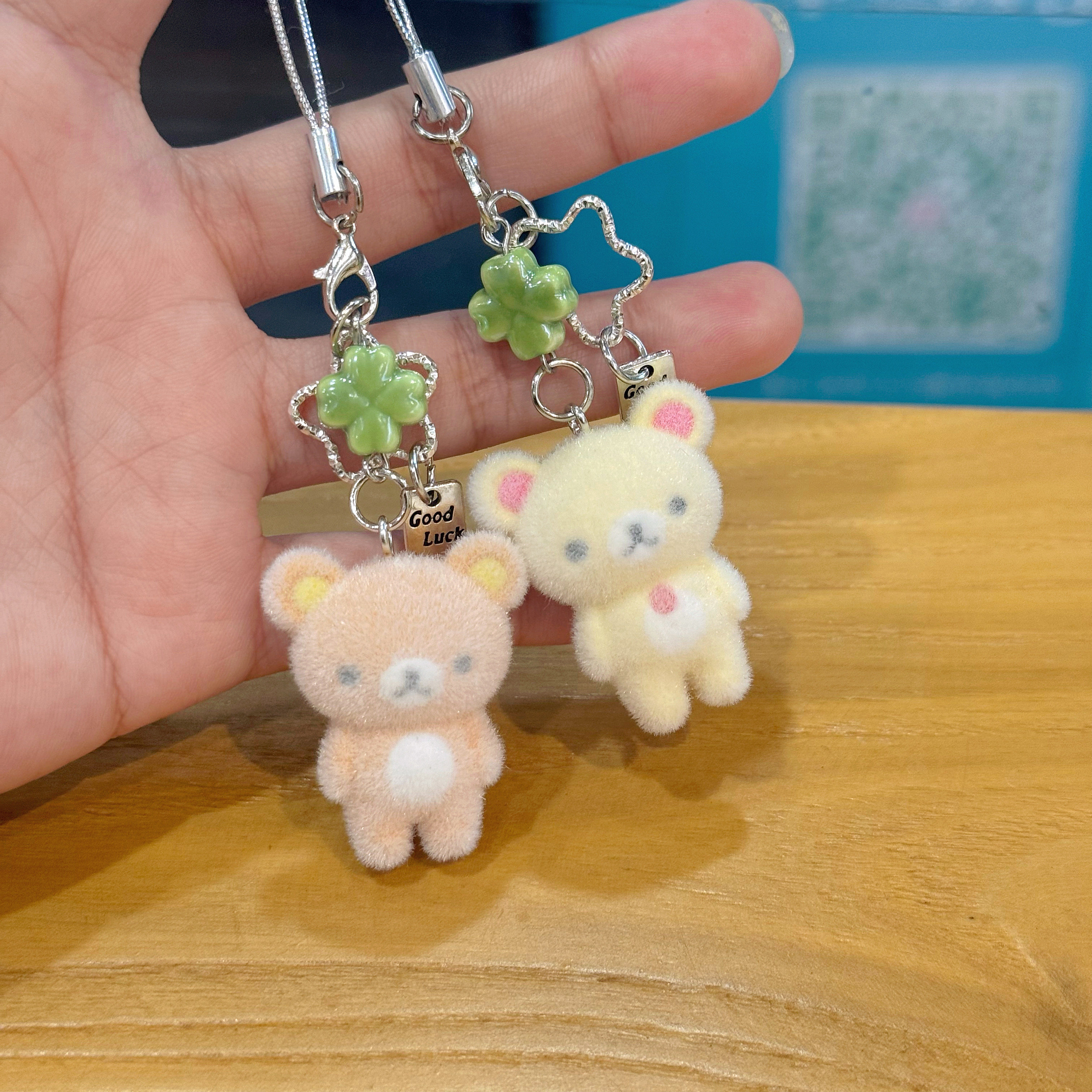 Adorable flocked phone charm, super cute keychain, cartoon four-leaf clover accessory for best friends, pendant, gift.