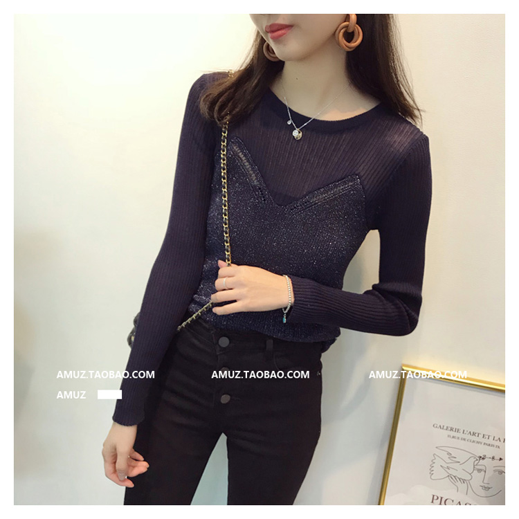 AMUZ mùa thu mới nhỏ gợi cảm áo len dài tay mỏng lụa sáng màu của phụ nữ khâu áo thun đen trên áo sơ mi cardigan nữ
