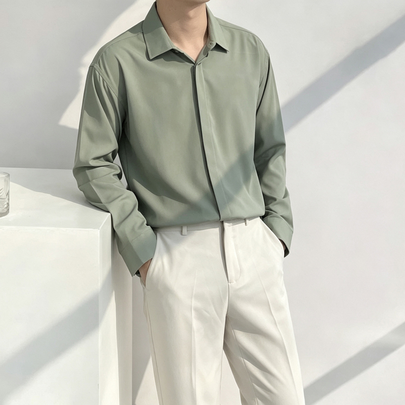 Matcha Green Ascetic Mature Style Smooth Loose Casual Chiffon Silky Drape High-End Men's Long-Sleeved Shirt Matcha Green Ascetic Mature Style Smooth Loose Casual Chiffon Silky Drape High-End Men's Long-Sleeved Shirt