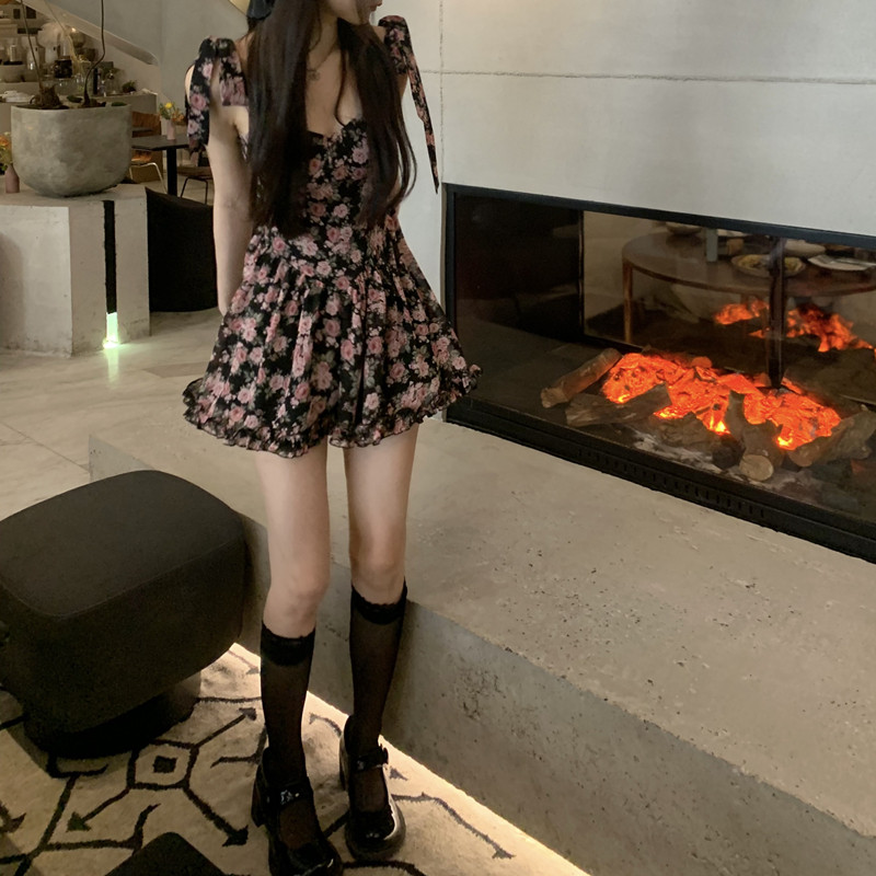 Home Halo Lala Earthly Desert Rose Summer Dress Women's New Broken Flower Bow Tie Harnesses Foreign Dress Chili