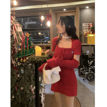 JMSHOP Festival Atmosphere Skirt Red Skirt Women's New Year Annual Meeting Battle Skirt Design Sense Imitation Mink Dress
