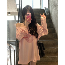JMSHOP Love Light Wave Printing Long Sleeve Early Autumn New Jacket Design Loose Shoulder T-Shirt Female