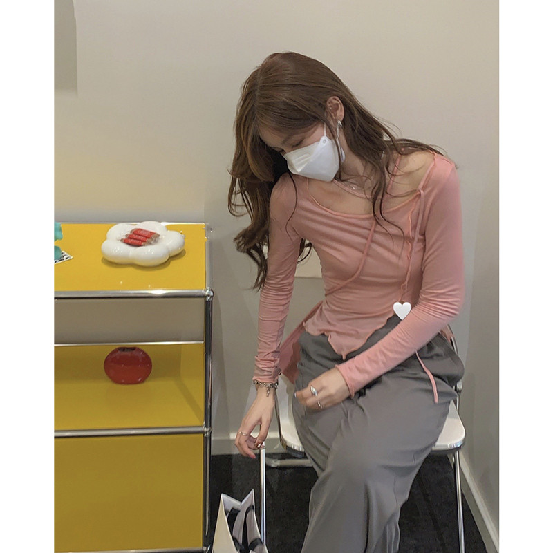 Pink long sleeve T-shirt women ins tide summer new design feeling small small thin pure slim bottoming shirt top women