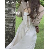 White water brown suit jacket women spring and autumn thin design feeling niche bow backless short suit women