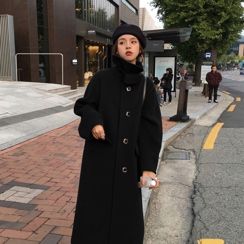 Gross coat woman medium long version 2021 new autumn and winter cashmere over knee thickened black Hepburn windfall