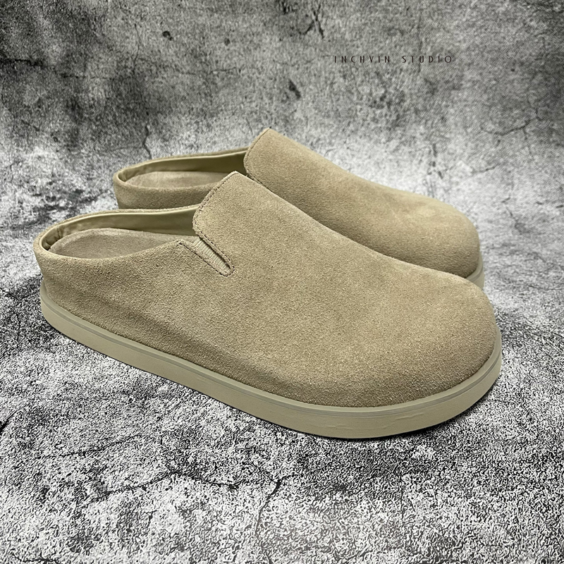 Nordic Minimalist Style Matte Calfskin Closed-Toe Men's Soft-Soled Leather Sandals, Men's Birkenstock-Style Half-Slippers