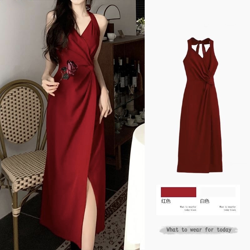 Plus-Size Early Autumn Hong Kong Style Red Dress for Women, Summer Slimming Waist-Cinching Elegant Halter Neck Strap Dress for Chubby Women