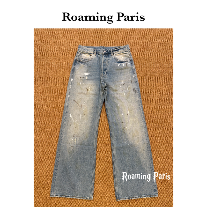 Ac Style|2021M Loose Graffiti Splatter Blue Distressed Straight-Leg Jeans, Same Style as Bai Jingting Ac Style|2021M Loose Graffiti Splatter Blue Distressed Straight-Leg Jeans, Same Style as Bai Jingting