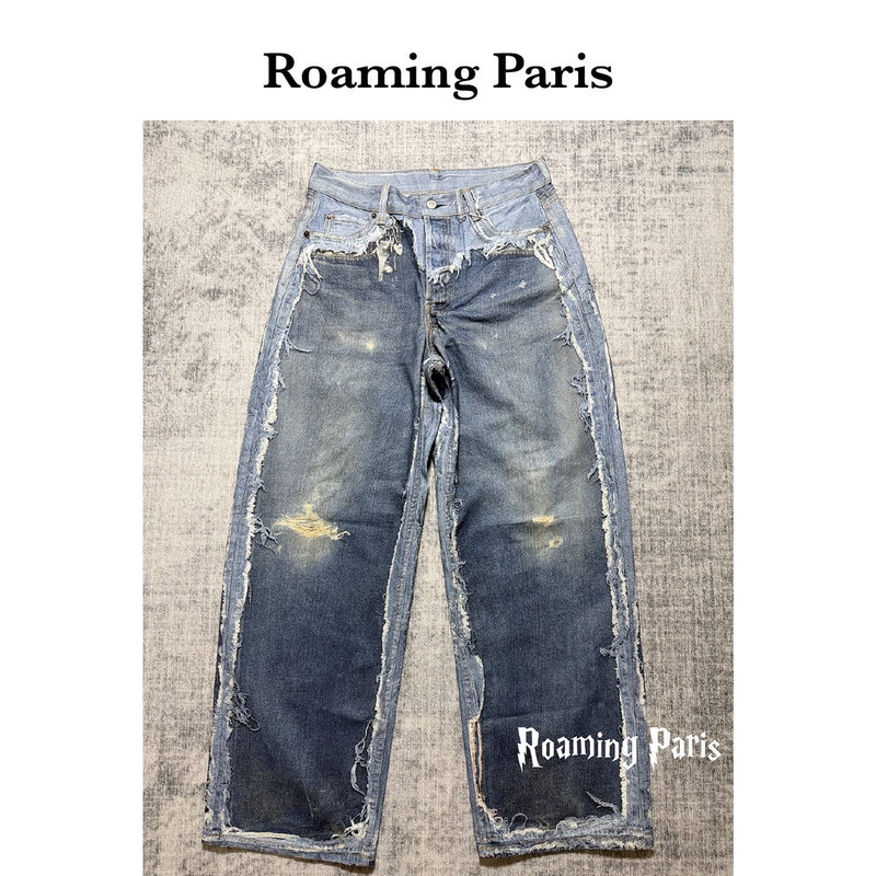 Ac Style｜1981M Straight-Leg Illusion Print 3D Printed Fake Two-Piece Pants New Model in Medium Blue, Celebrity Style